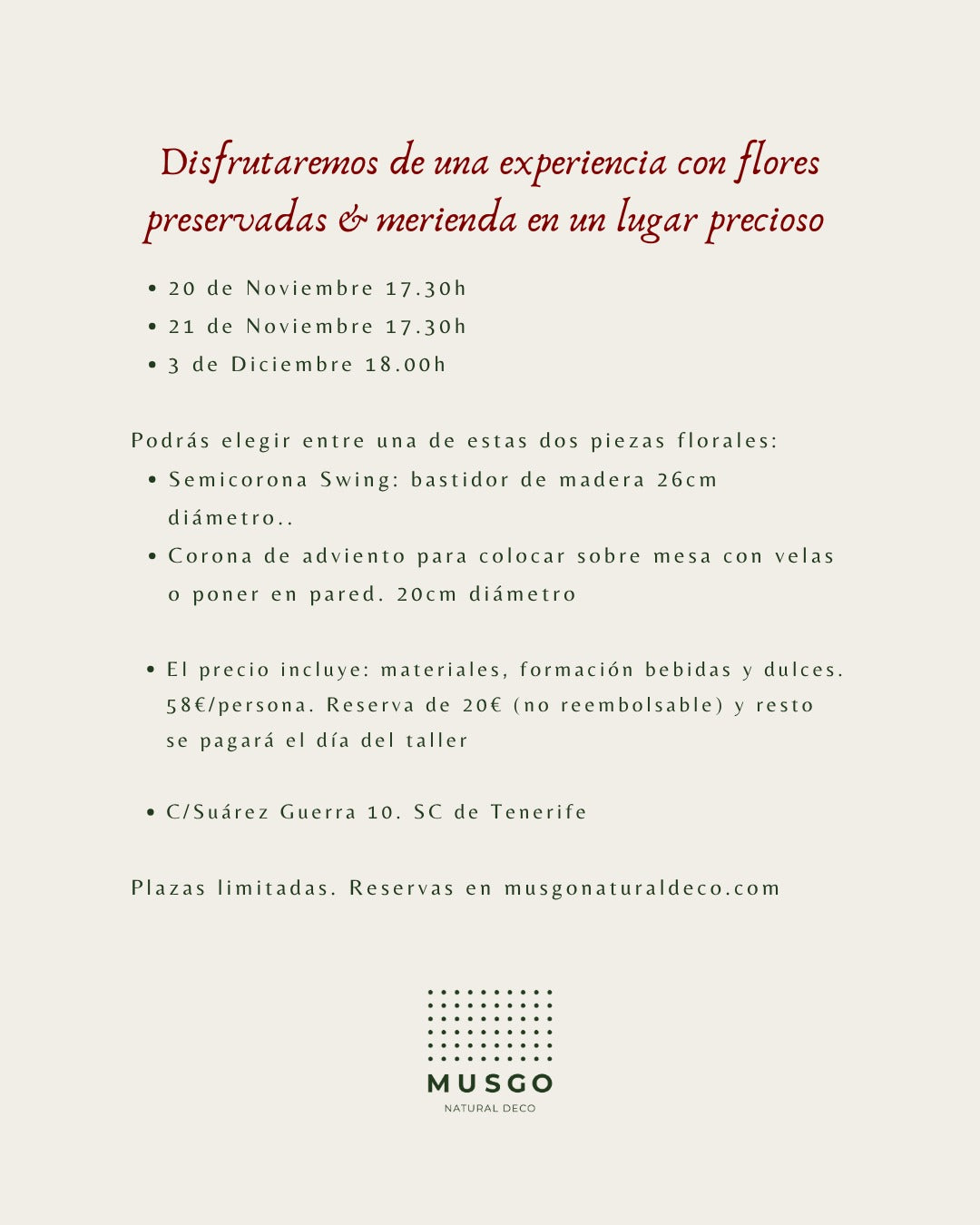 Taller Semicorona Navidad o Corona de Adviento. Varias Fechas